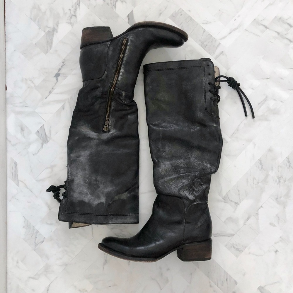 FREEBIRD By Steven Chapo Over the Knee Side Zip Boots Black Draped Leather Size